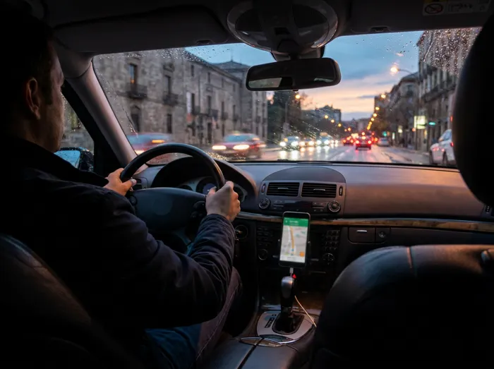 Taxista al volante por una avenida de noche